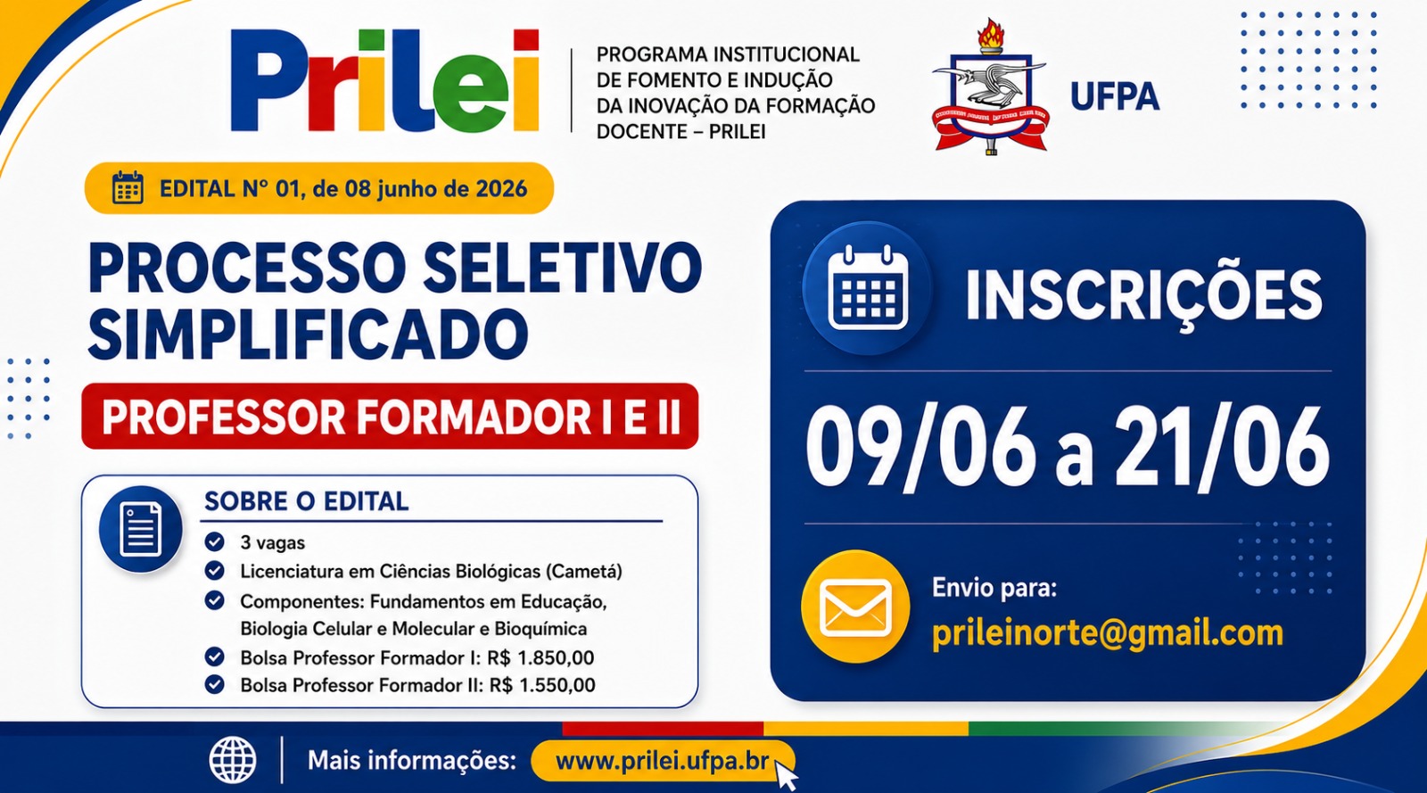Banner do Processo Seletivo de Professor Formador PRILEI UFPA 2026